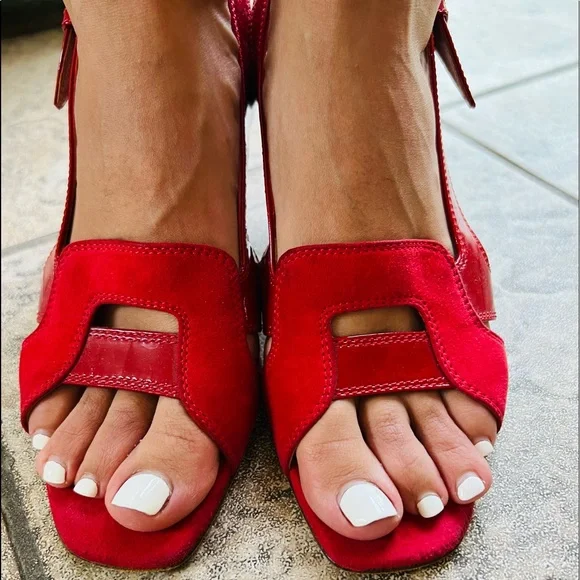 RED YSL Patten Leather & Suede mix high heels sandals. Open Toe, Slingback - Picture 5 of 16